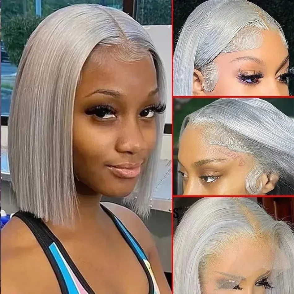 Kurze Bob-Perücke, silbergrau, HD-transparente Spitze-Frontal-Perücken, gerade Bob-Perücken, vorgezupft, 13 x 4 Spitzenfront-Perücken, synthetisch, für Frauen