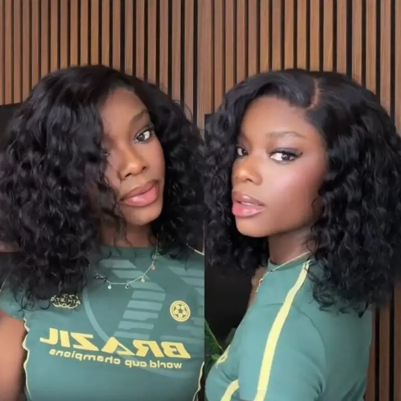 Klaiyi Human Hair 6x4 Lace Bye-Bye Slip Glueless Wig Side Part Loose Wave Bob 220% High Density Drawstring Wig Easy to Install