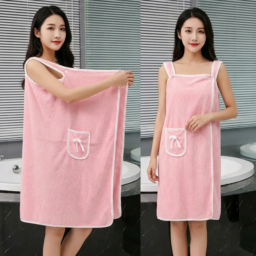 Coral Fleece Bath Skirt Soft Thick Highly Absorbent Wearable Towel with Bow Pocket Suspender Style Robe for Bathroom - view 3
