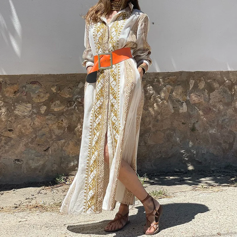 Ladies Fashionable Printed Long Sleeved Famous Ethnic Storm West Asia Medium Long Dress Autumn Elegant Lapel Casual Maxi Dresses