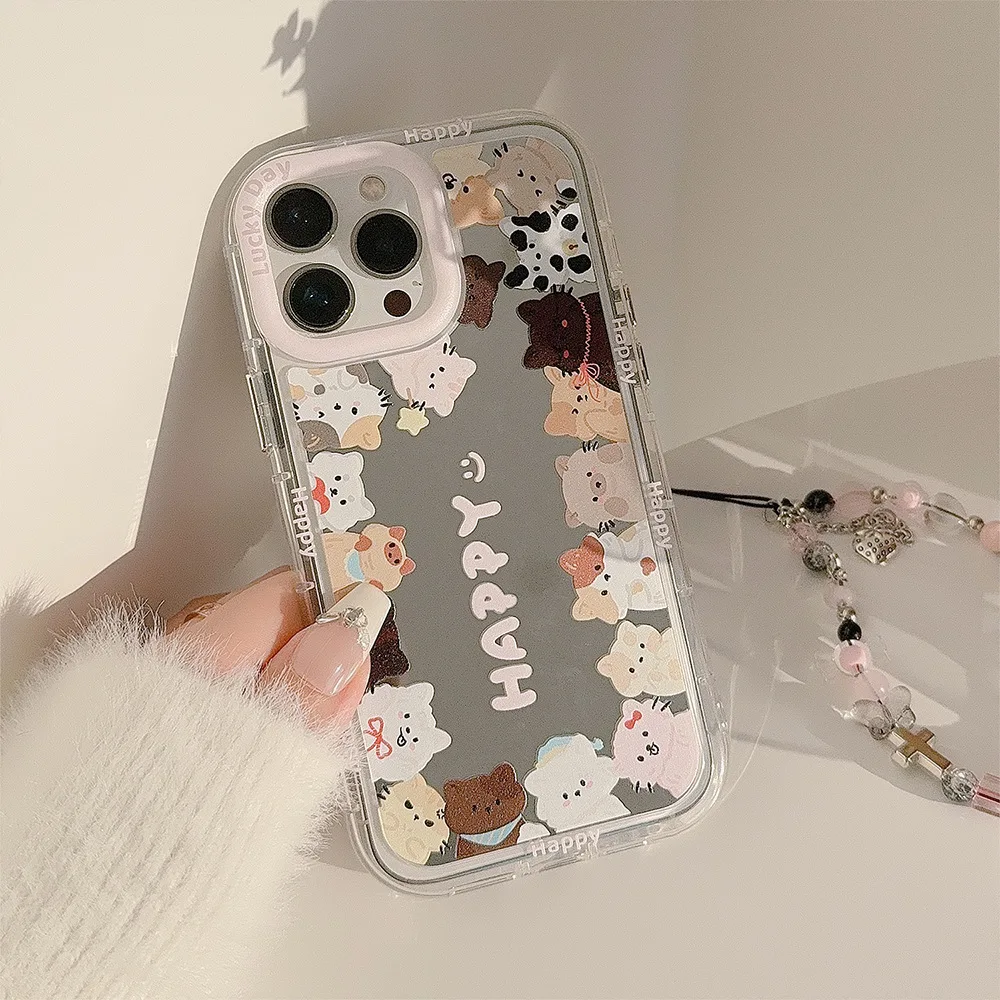 Funda de teléfono con espejo de maquillaje coreano, cordón de gatito de dibujos animados para iPhone 16 14 13 11 12 15 Pro Max XS XR X, funda protectora a prueba de golpes