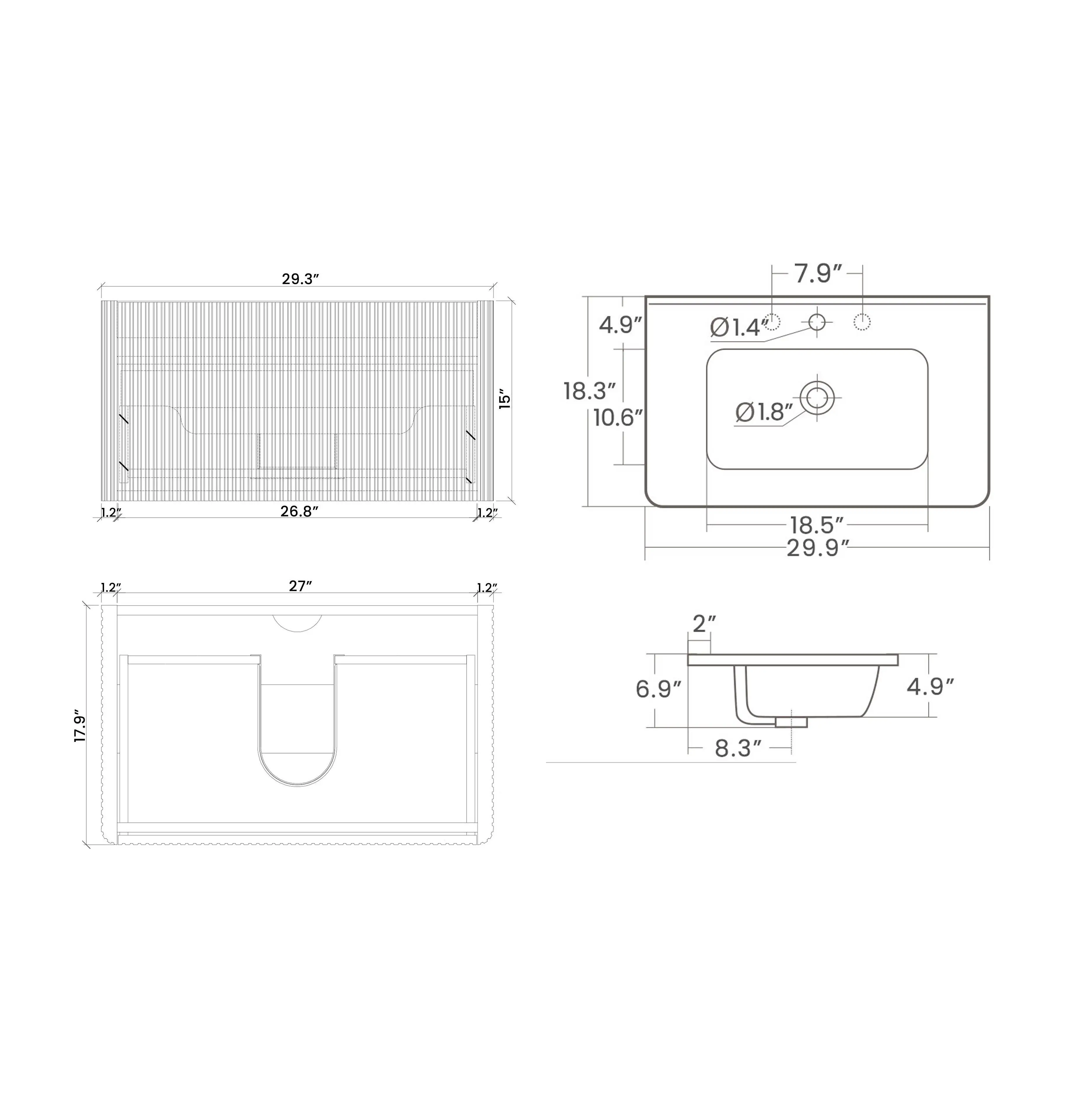 Tocador de baño flotante de nogal de 30 rayas con lavabo de cerámica blanca, para diseño moderno montado en la pared, lavabo de una sola pieza