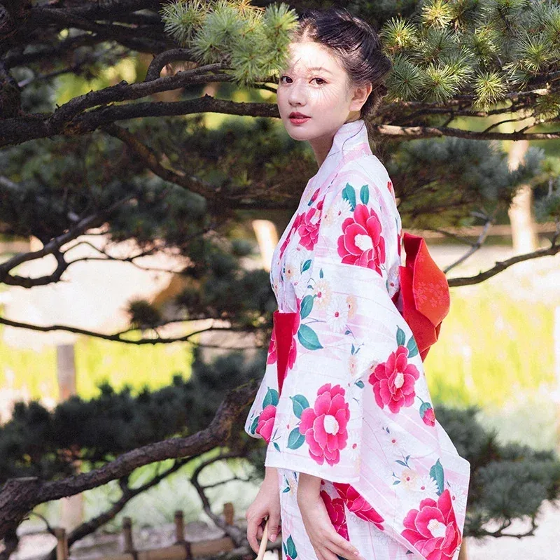 CyJapanese estilo auténtico mujer Rosa Kimono Haori estampado Floral manga larga Yukata fiesta Cosplay vestido traje Geisha disfraz