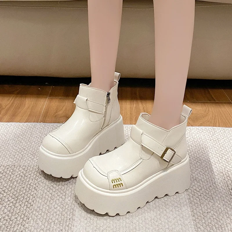 

Women Warm Fur Snow Boots Winter Soft Leather Motorcycle Short Boots High Platform 8CM Ladies Chunky Plush Sneakers Botas Mujer