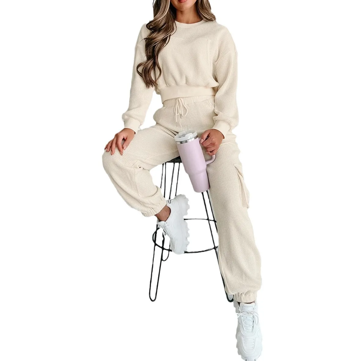 Autumn Winter New Solid Color Pants Sets Women Pocket Short Top Leace-up Trousers Two Piece Set Female Casual Sporty Style Suits