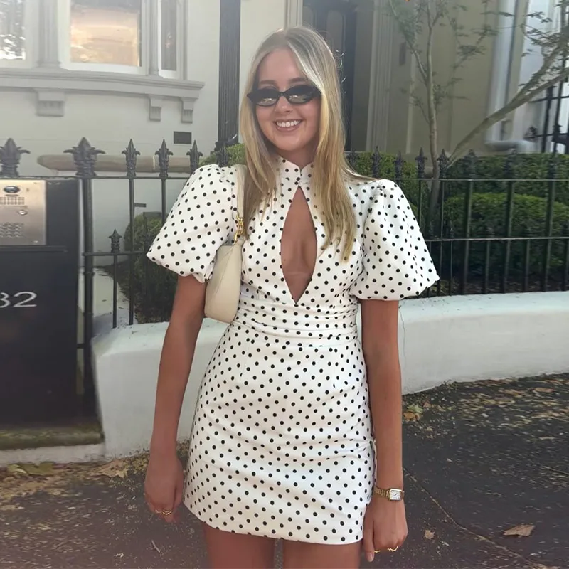 

Short Sleeve Hollow Out Hip Package Lady Mini Dresses 2026 Spring Summer Chic Female Holiday Robe Elegant Polk Dot Women's Dress