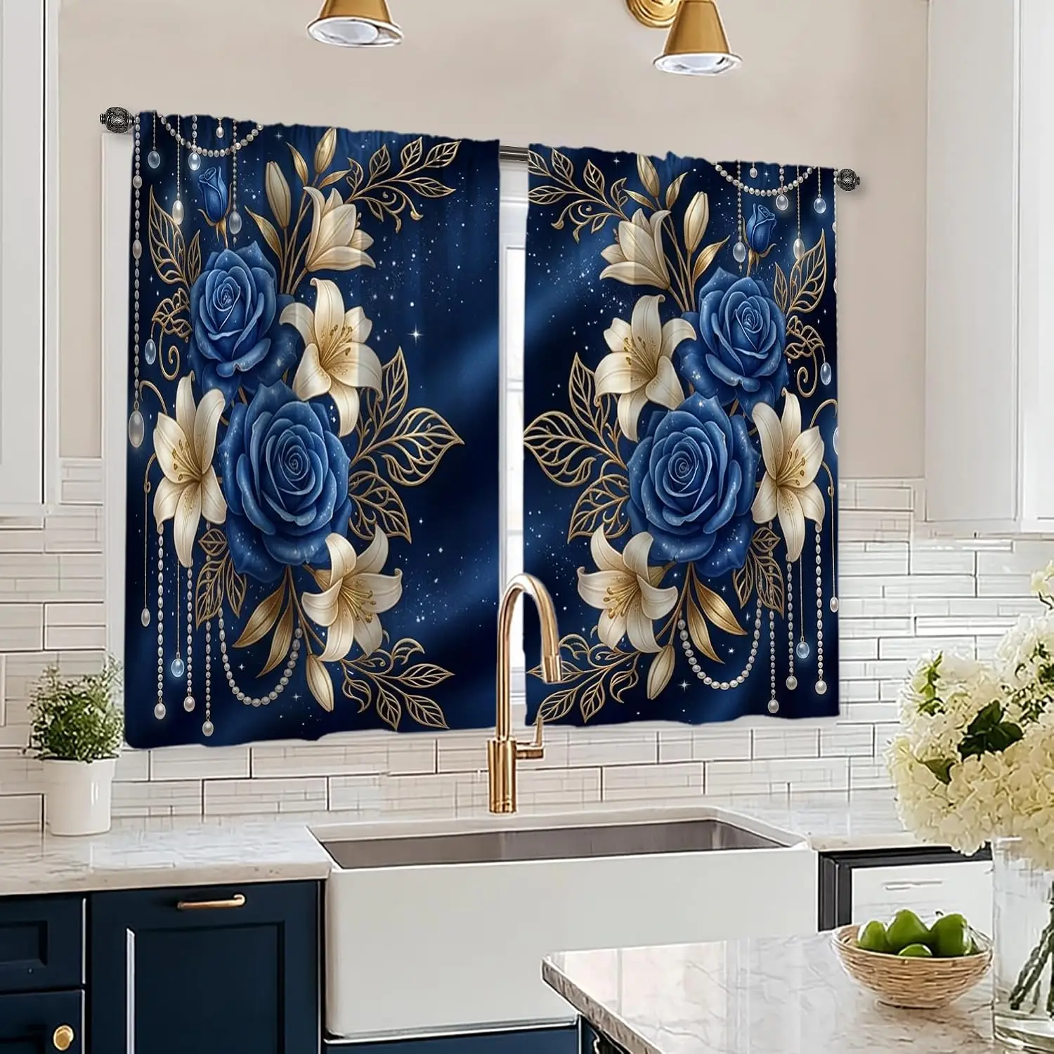 Elegant Blue Floral Curtain Pair with Gold Accents Luxury Polyester Window Drapes Home Decor Romantic Starry Pattern Bedroom Bat