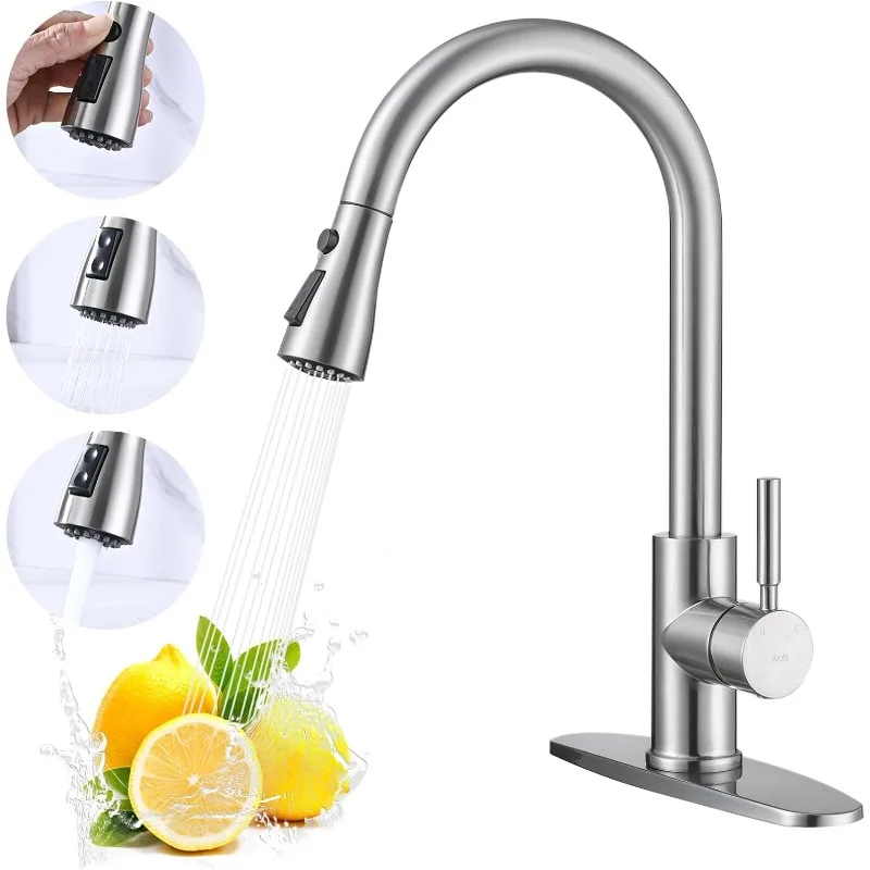 

Kitchen Faucet with Pull Down Sprayer, Brushed Nickel Kitchen Sink Faucet Single Handle Stainless Steel