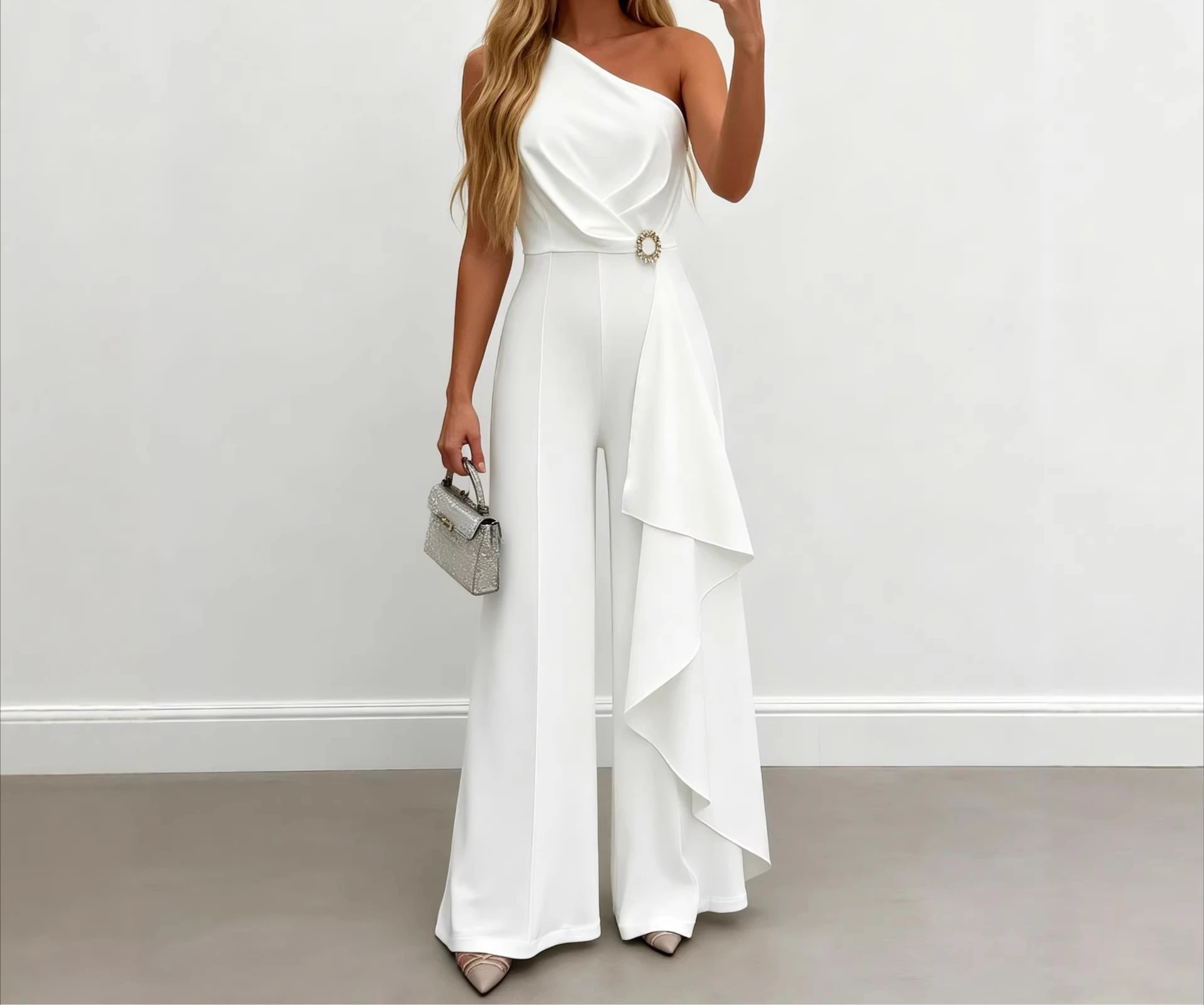 Women's Jumpsuit 2026 Spring Summer New Solid Color Slanted Collar Off Shoulder Ruffles Design High Waist Wide Leg Jumpsuit