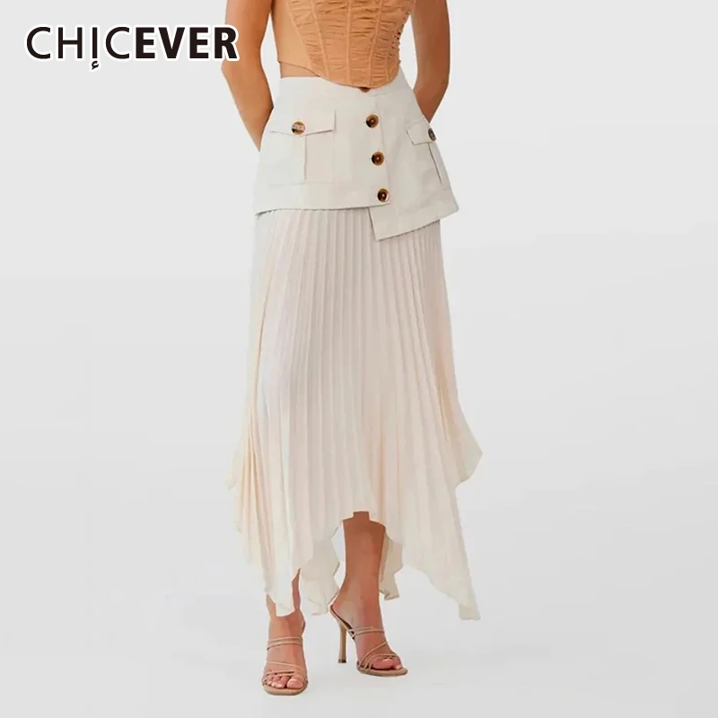 

CHICEVER Solid Vintage Pleated Skirts For Women High Waist Irregular Spliced Button Folds Casual Loose Long Skirts Female New