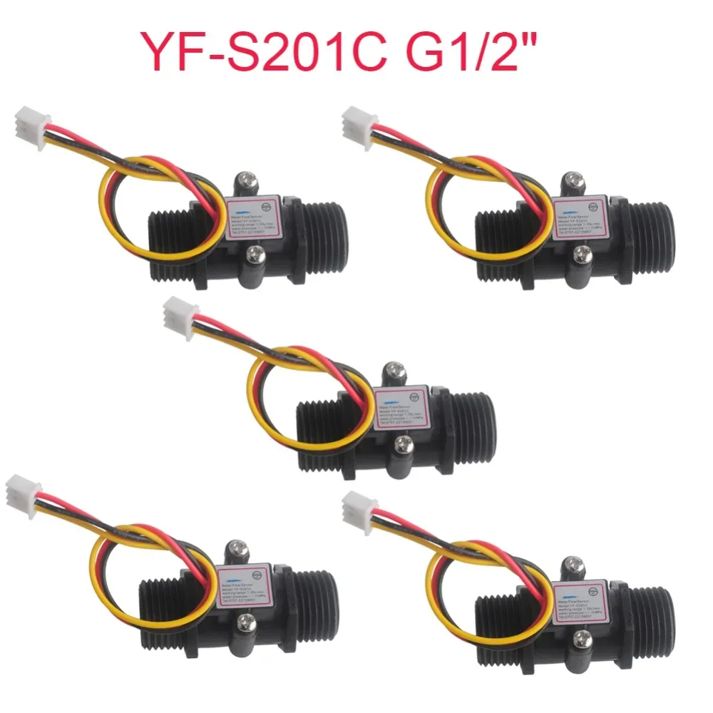 5Pcs YF-S201C G1/2" Water Flow Sensor Meter Liquid Fluid Hall Sensor Milk Coffee Flowmeter Counter 1-30L/min Black