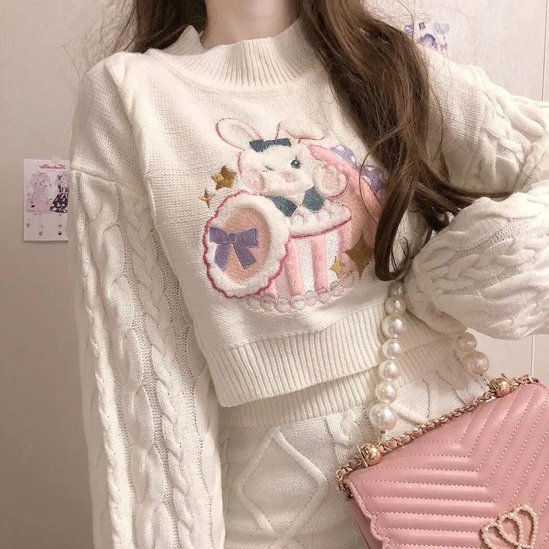 Y2K O-Neck Short Sweater Cartoon Embroidery Japan Style Kawaii Women Long Sleeve Pullovers White Knitted Skirts High Waist Sets