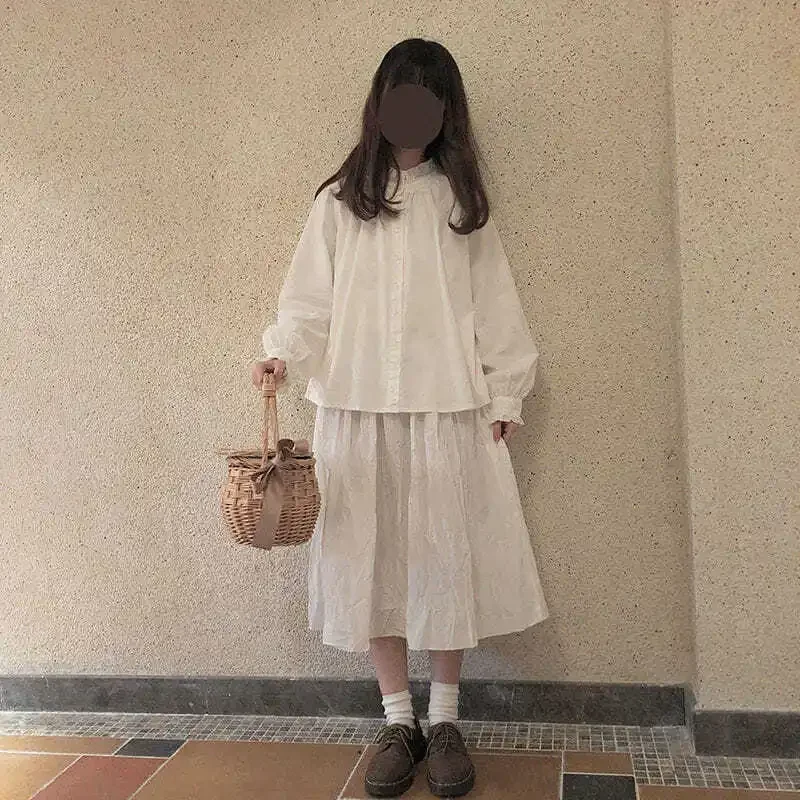 Kawaii Shirt Harajuku Blouses Japanese Korean Style White Shirt Lolita Ruffle Tops Loose Sweet Soft Girl Long Sleeve Cute