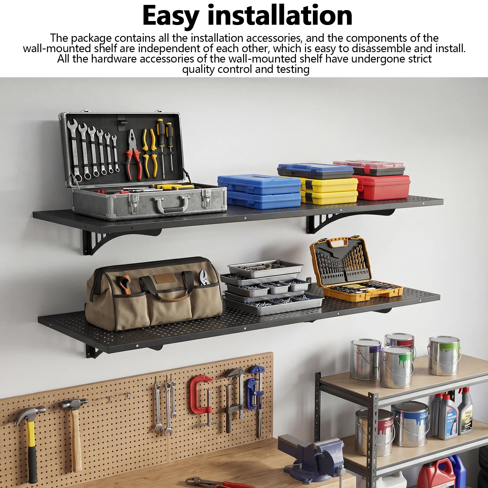 

Комплект из 4-х прочных металлических настенных полок для гаража (1.64x4 фута), грузоподъемность 280 фунтов, с крючками