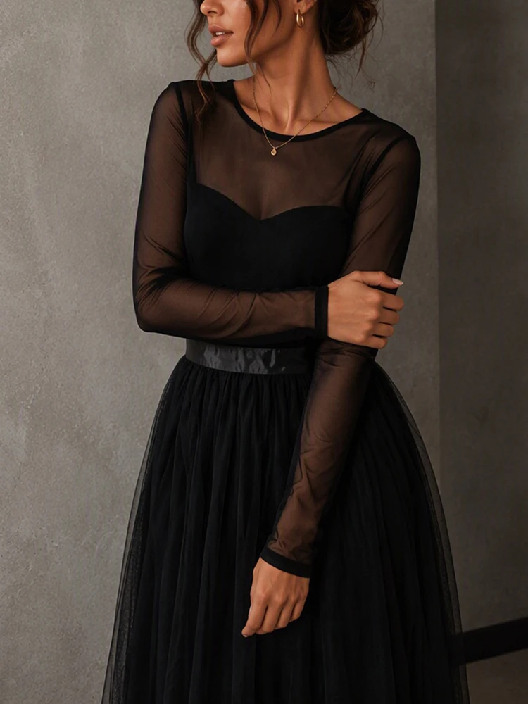 Plus Size Elegant Sheer Mesh Evening Maxi Dress See‑through Crew Neck Long Sleeves Tulle Party Gown Formal Wedding Guest Dresses