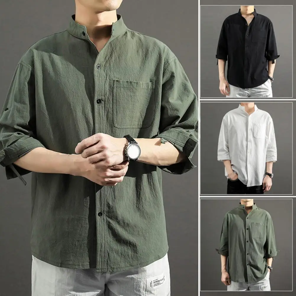 Male Casual Shirt Stand Collar 3/4Sleeves Loose Cardigan Streetwear Plus Size Men Over Shirt Office Commuter Clothes Summer Wear