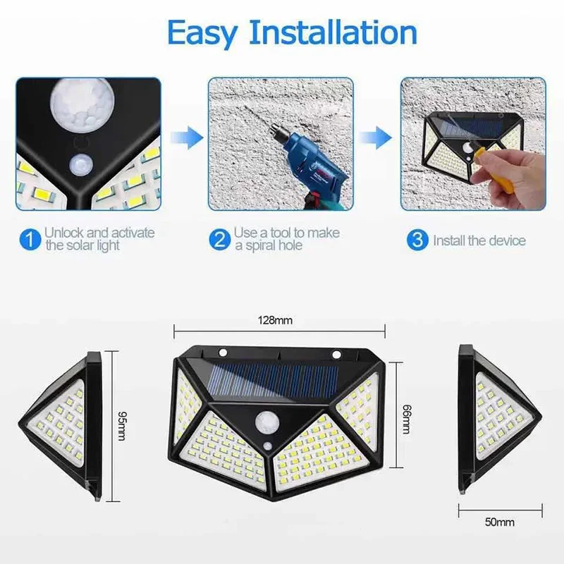 Luces LED de pared para exteriores, luces solares cuádruples con Sensor de cuerpo, iluminación de escalera, valla, garaje, carga Solar, 100led