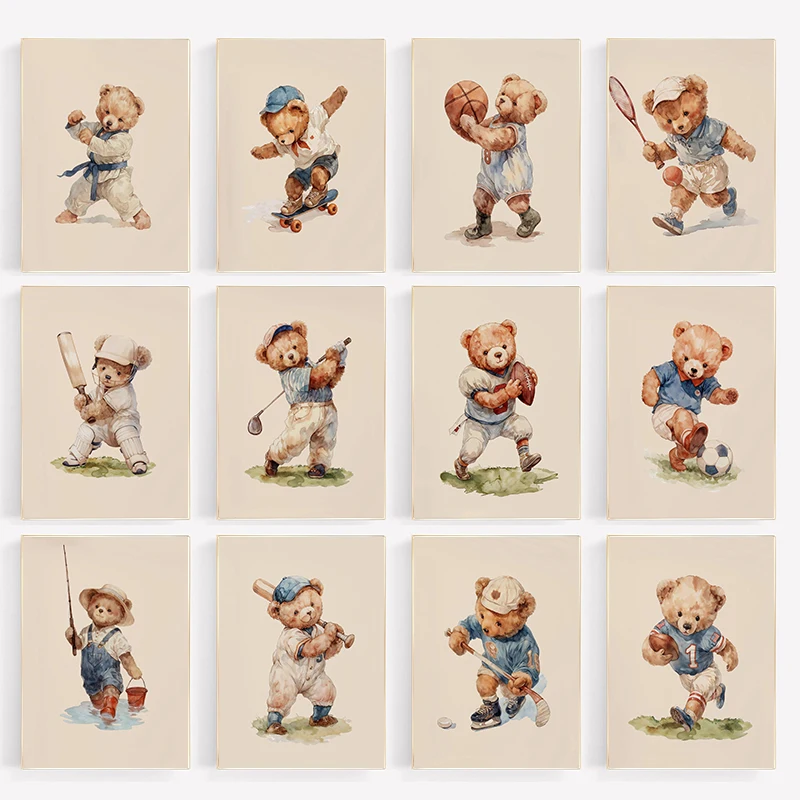 1pc frameless Canvas Painting Vintage Teddy Bear Sports Watercolor Posters and Prints Canvas Printing Sporty Wall Art Picture fo