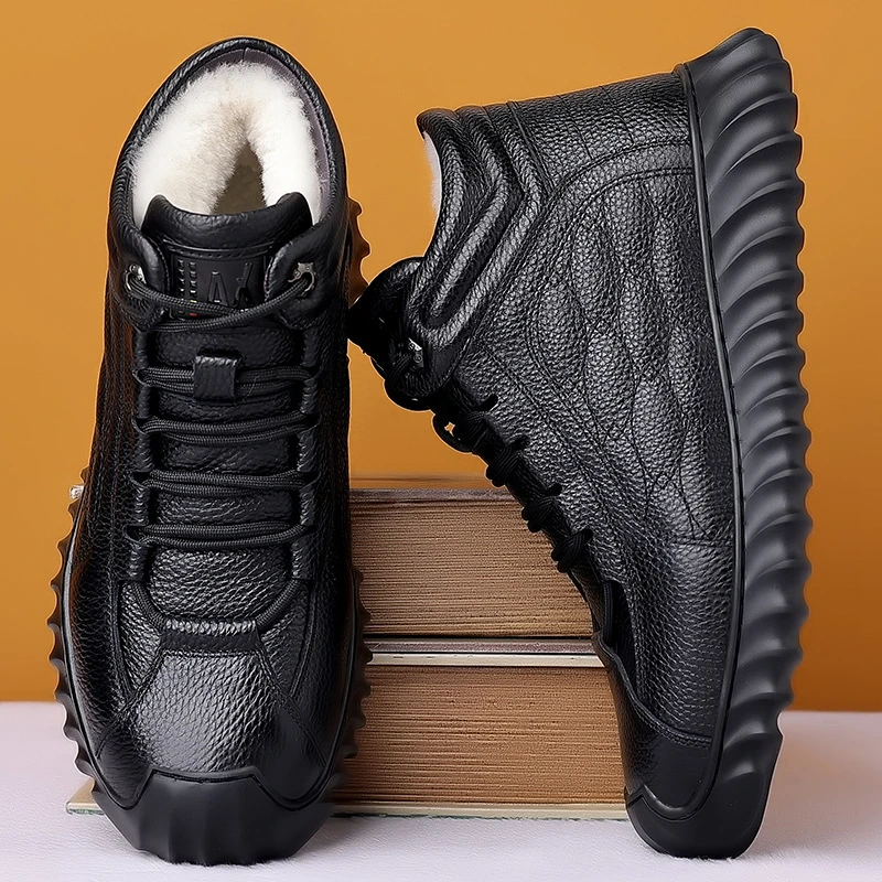 

Mens Black Genuine Leather Fur Lined High Top Sneakers Elastic Lace Warm Winter Shoes For Outdoor Casual Street Style Versatile