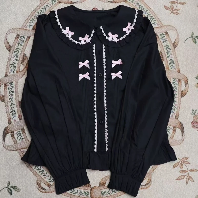 Deeptown Kawaii Lolita Black Blouses Women Japanese Style Bow Babydoll Tops Vintage Cutecore Preppy Style Sweet White Shirts