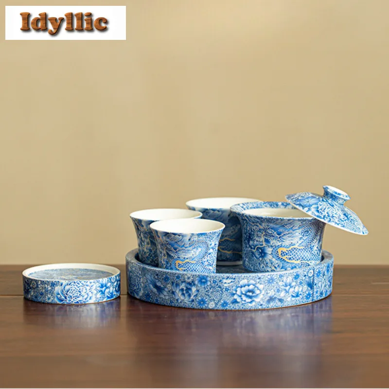 Blue And White Hovering Gaiwan Tea Set Complete Set Vintage Tea Ceremony Set Teapot And Tea Cup Set Tea Services Decoration