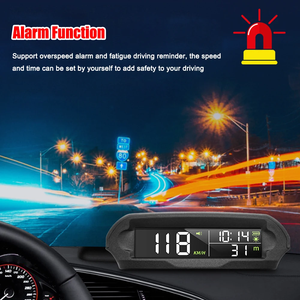 Car Wireless Headup Display Solar GPS Digital Speedometer with LCD Screen Overspeed Alarm KMH/MPH Time/Altitude/Temperature/Spee
