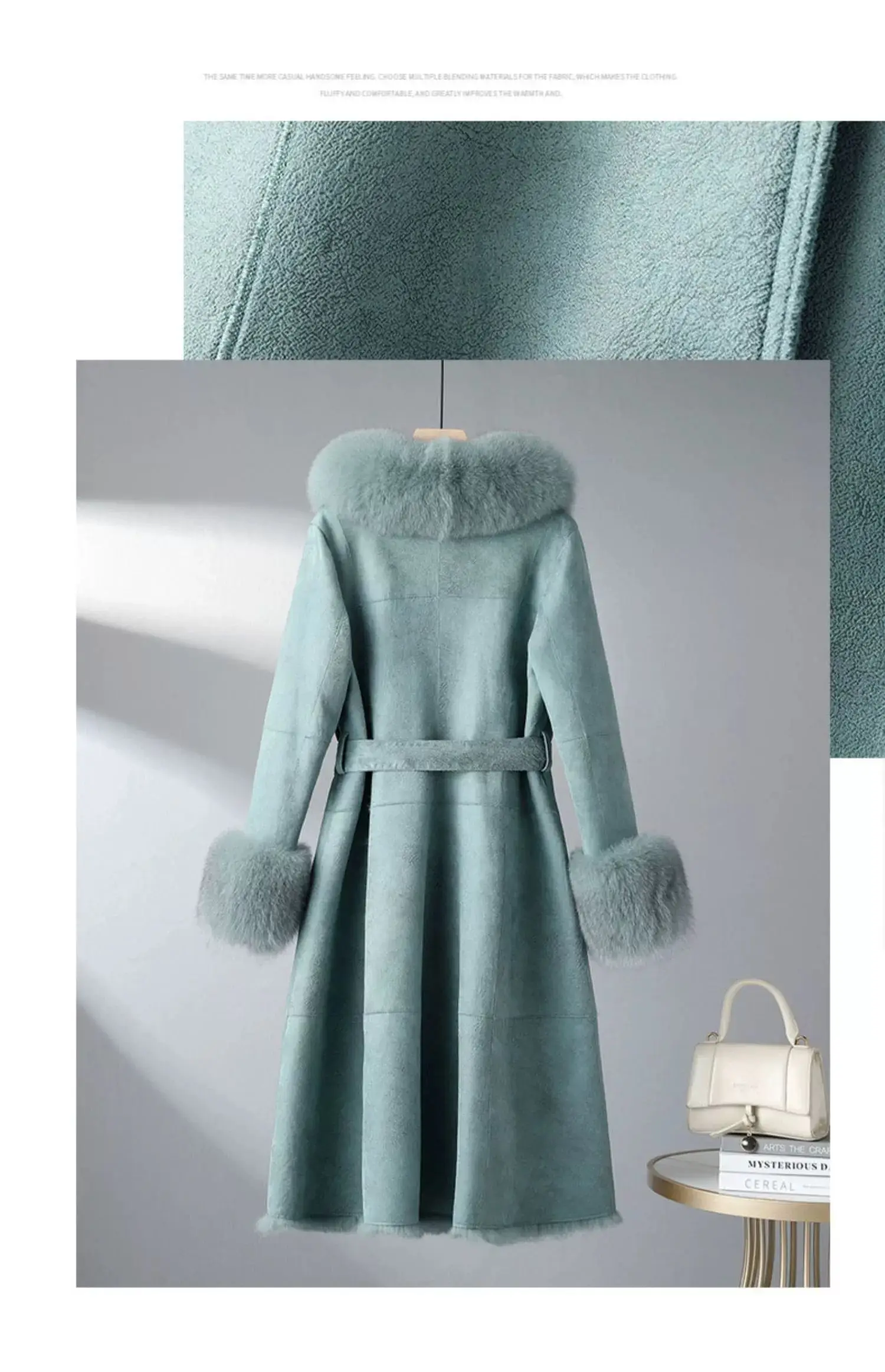 2023 New Rabbit Fur One Piece Coat for Women Mid length Fox Fur Collar Lace up Slim Fit Haining Fur Coat for Women