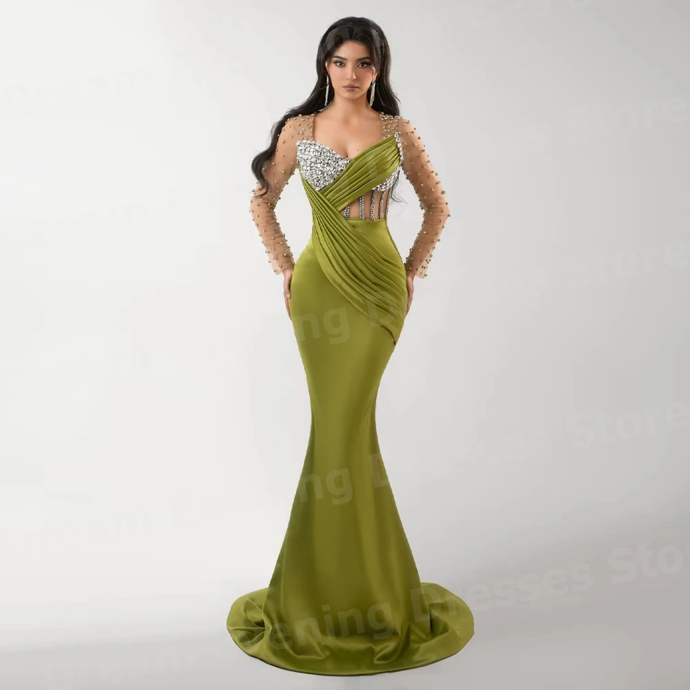 

Изящные женские вечерние платья русалки с длинными рукавами по индивидуальному заказу, Vestidos Para Mujer, платья для выпускного вечера, плиссированные платья с бисером, вечернее платье