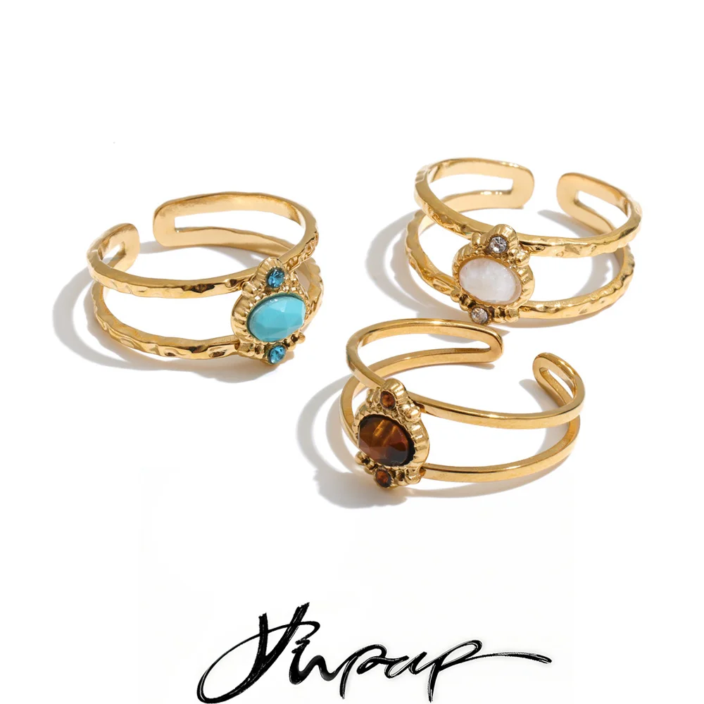Yhpup Stainless Steel Tiger Turquoise Jade Stone Adjustable France Ring for Women Popular Finger Jewelry Gift