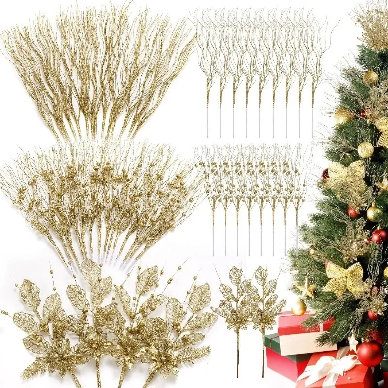 5/10 Stück Goldglitzer-Weihnachtsbaumdekoration Künstliche Beerenstiele Weihnachtsstern-Blumenzweige Ornament für Neujahrsdekoration – Detail 1