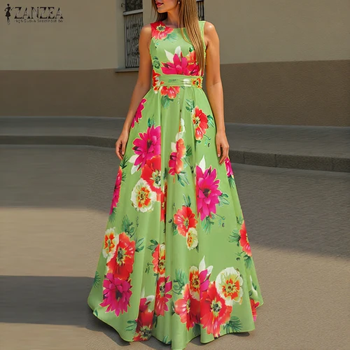 Imagen 2 del producto ZANZEA Vestido de Verano Bohemio con Estampado Floral para Mujer 2026, Vestido sin Mangas con Cintura Ajustada, Vestido Largo Informal para Fiesta