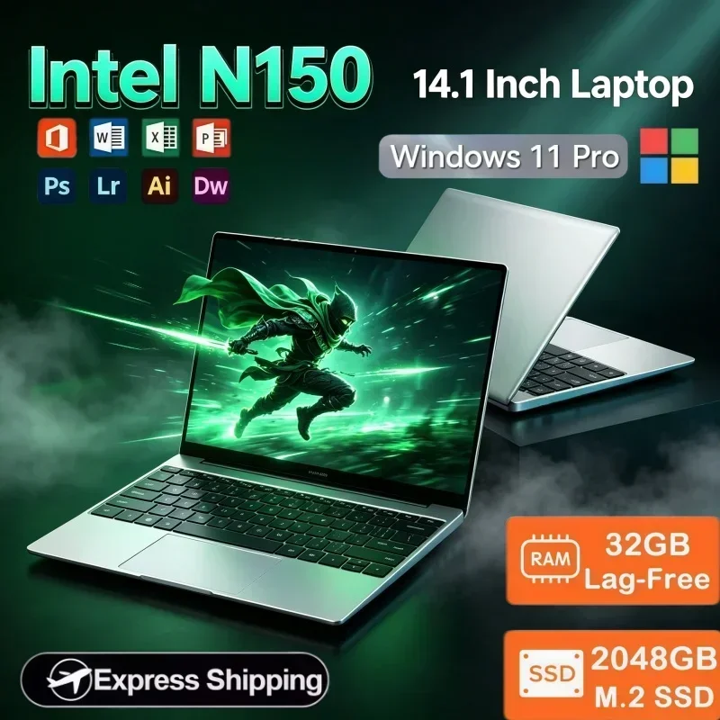 14.1 Inch Ultra Slim Fast Boot Laptop Intel N150 32GB RAM 2TB SSD Win11 For Student Office Work Gaming PC