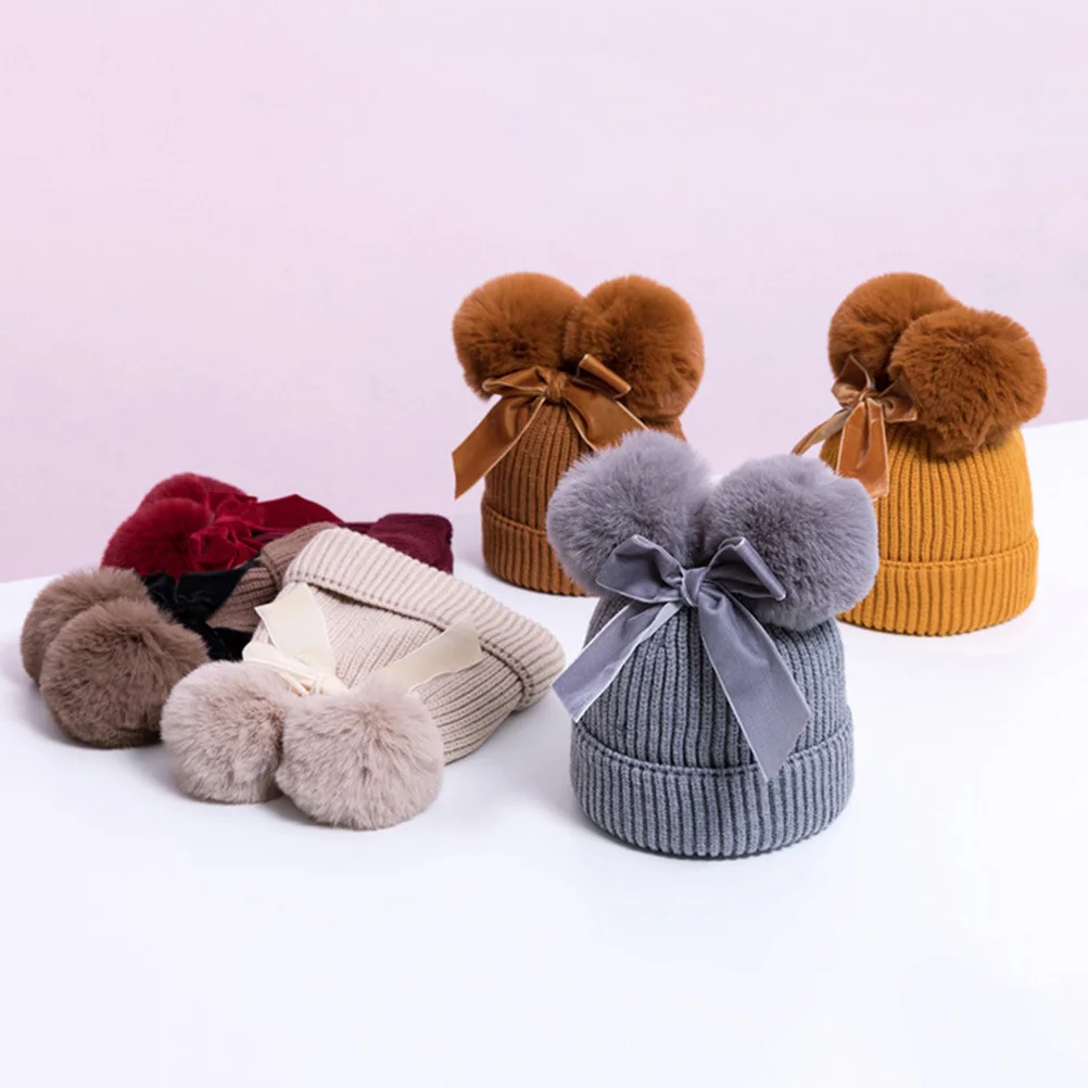 

Kids Two Winter Bowknot Knit Hat Baby Girl Crochet Warm Cap Photography Prop Dark Pink Random Winter Beanie Hat