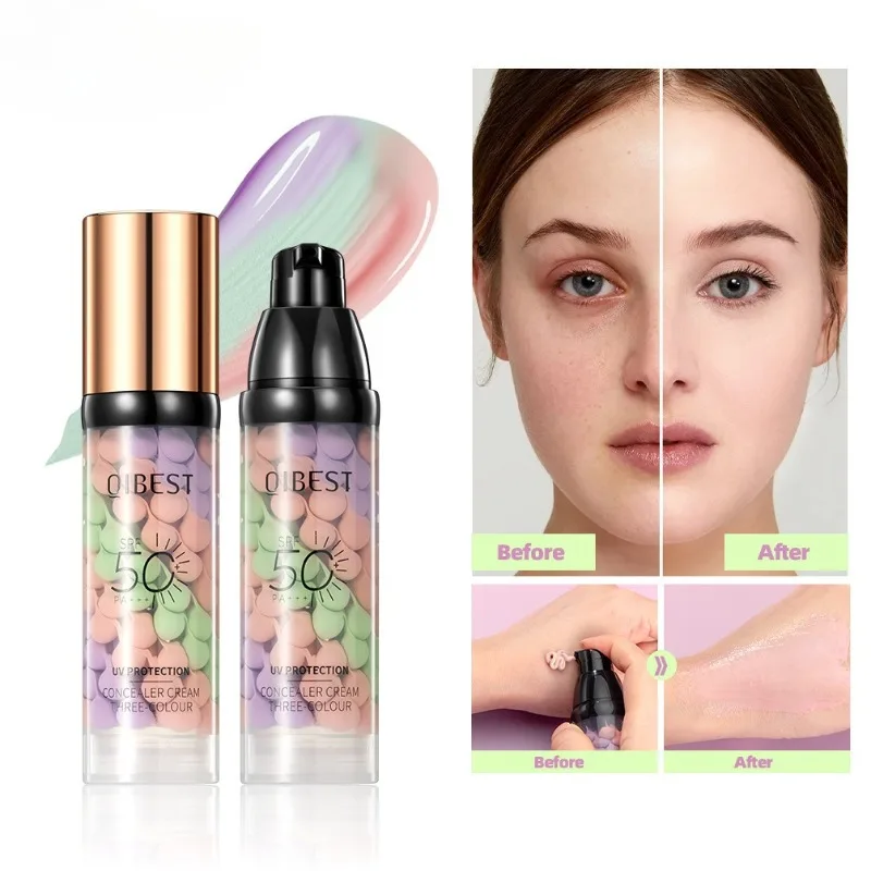 QIBEST Face Makeup Primer Tri-color Cream Brighten Contour Color Isolation Waterproof Foundation Natural Makeup Base Cream 40g