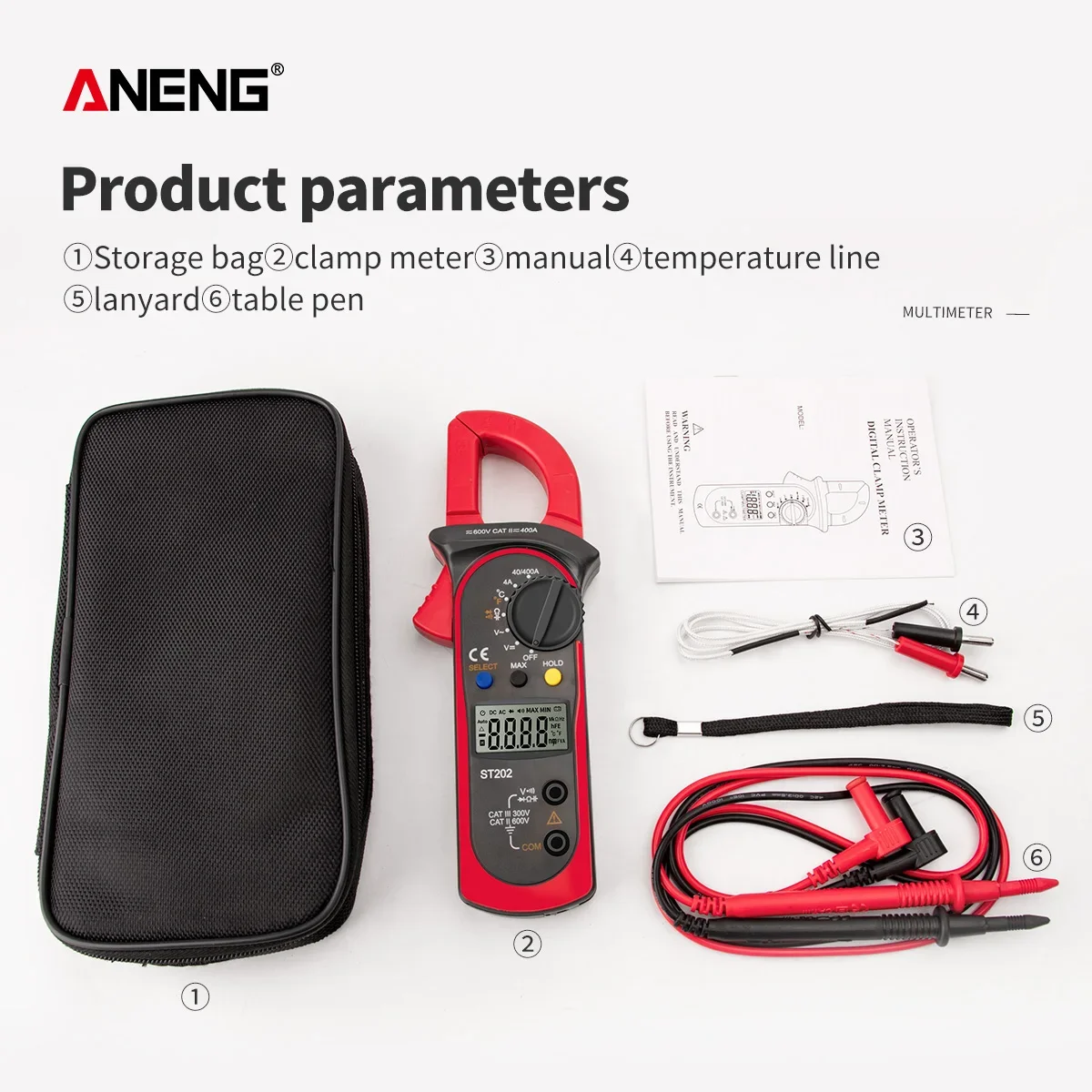 ANENG ST202 digital clamp meter 400A AC current 600V AC/DC voltage resistance capacitor diode on/off temperature measurement