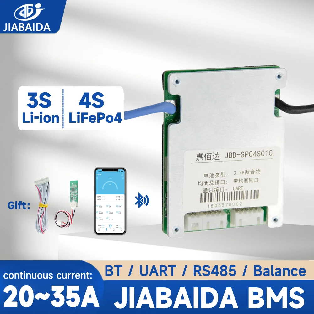 JIABAIDA-BMS intelligent pour 4S vePo4 3S Eddie ion, 12V 20A 30A 35A, charge de courant, Protuct, batterie au lithium, BT UART RS485 Balance JBD