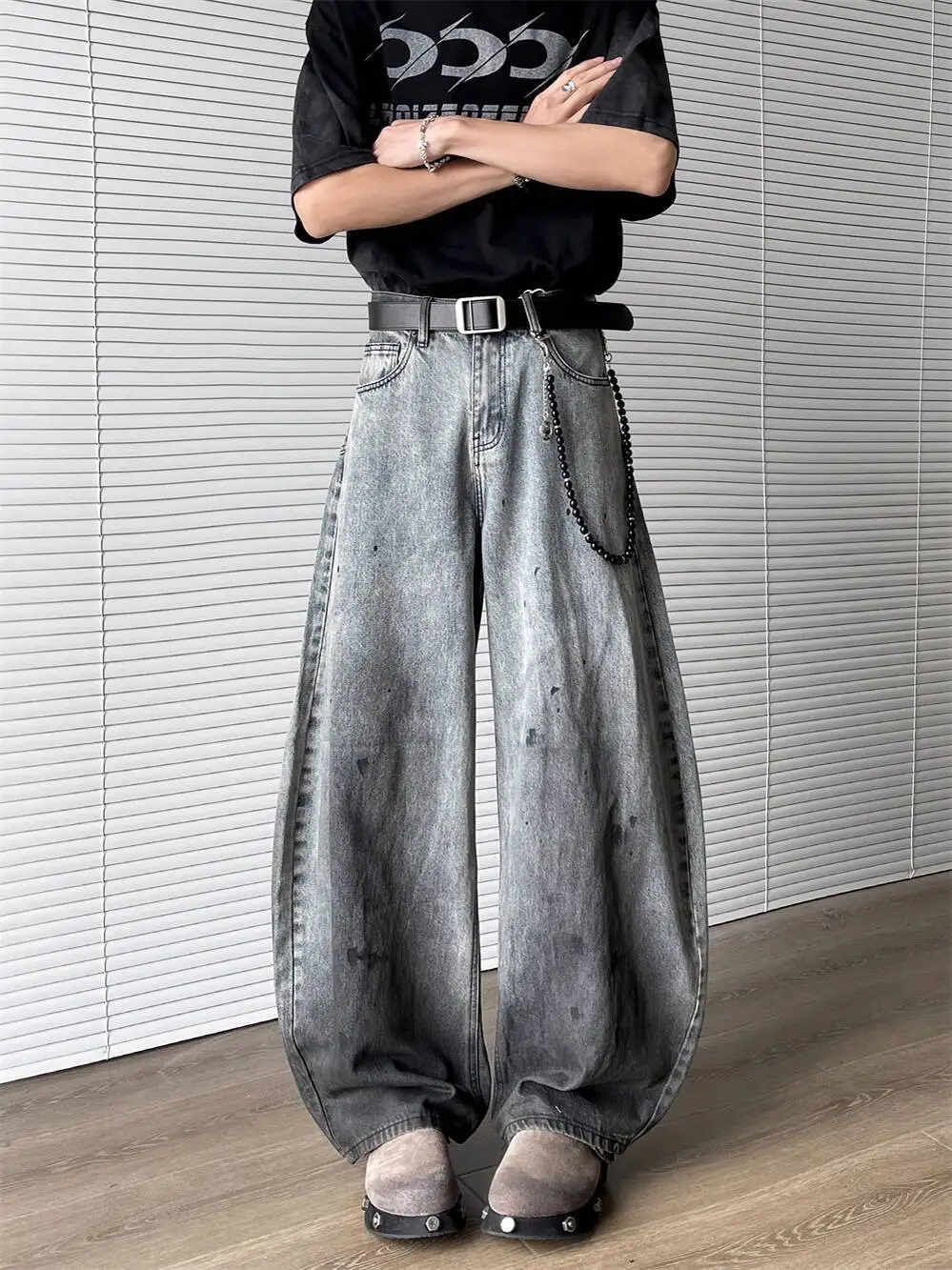 2025 Autumn Winter Jeans Men's Niche Retro Gradient Splash Jeans Trendy Baggy Wide Leg Pants Loose Fit Denim Trousers