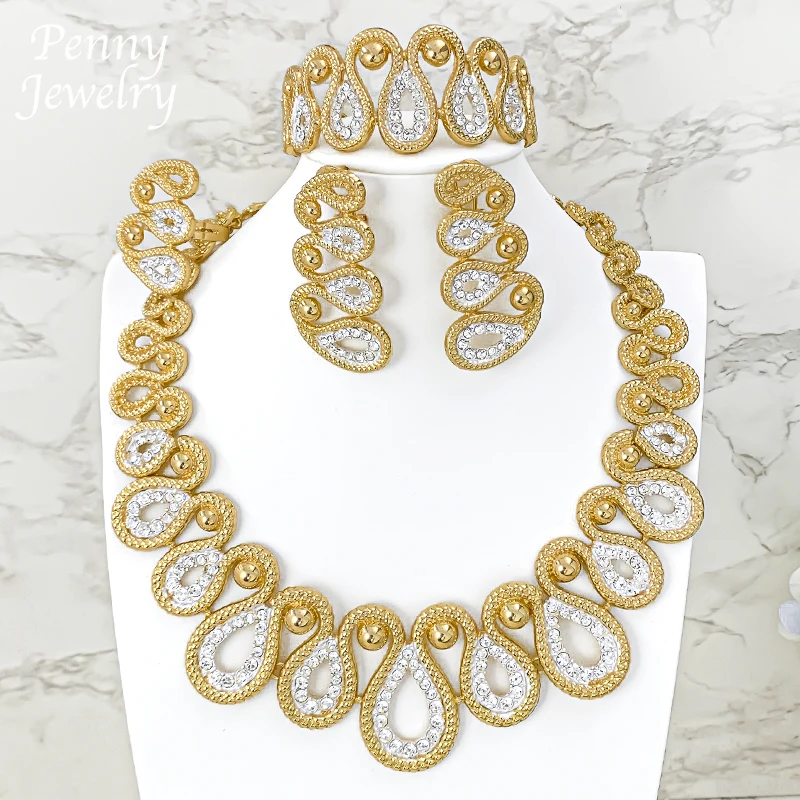 مجموعة مجوهرات فاخرة مطلية بالذهب عيار 18 قيراط في دبي وقلادة على شكل قطرة الماء وأقراط متدلية وسوار وخاتم هدايا حفلات الزفاف الأفريقية #1