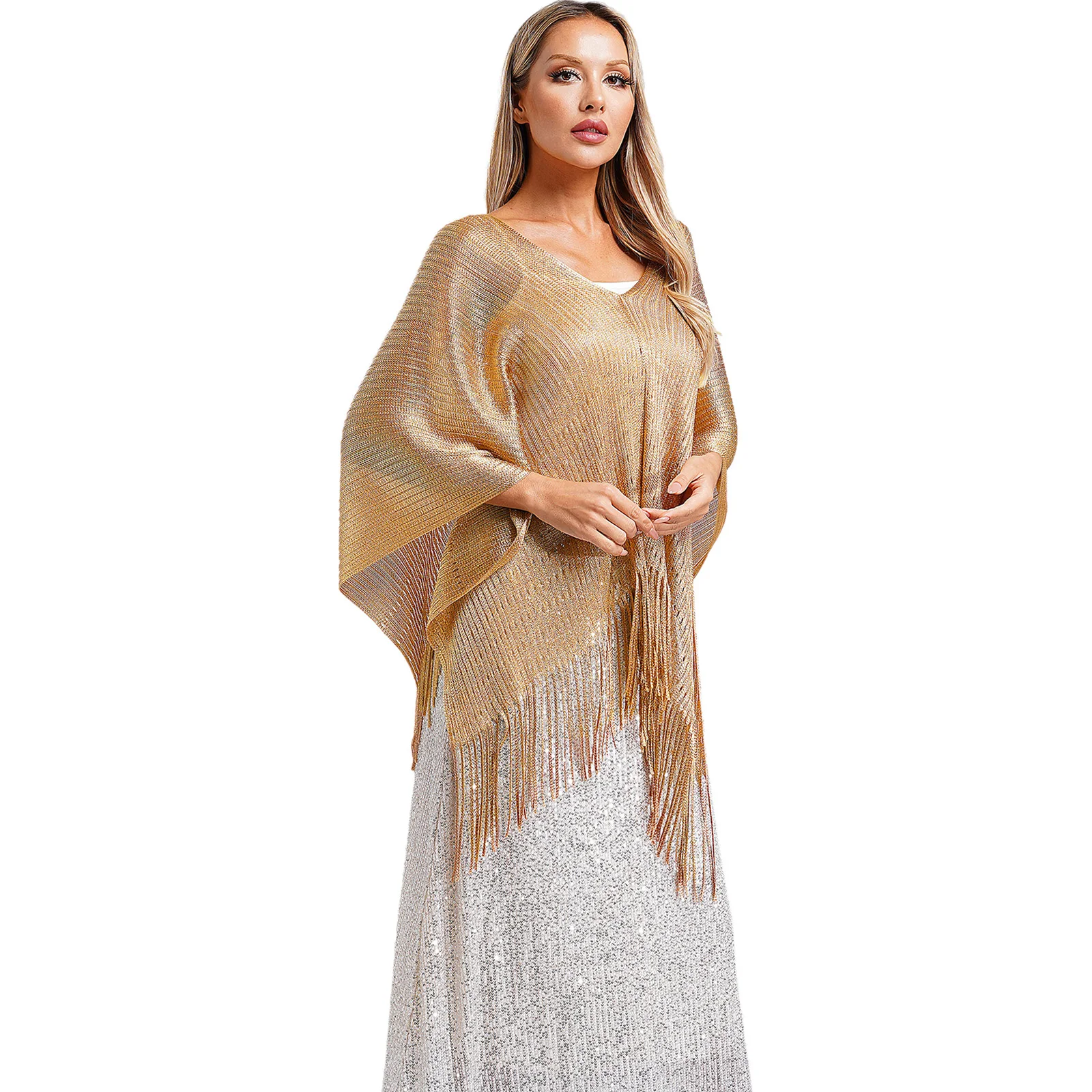 Akcesoria ślubne Damskie okłady Pullover Cape Tassel Trim Bridal Bolero Shawl Wrap Scarf for Swimwear Cocktail Dress Cover Up