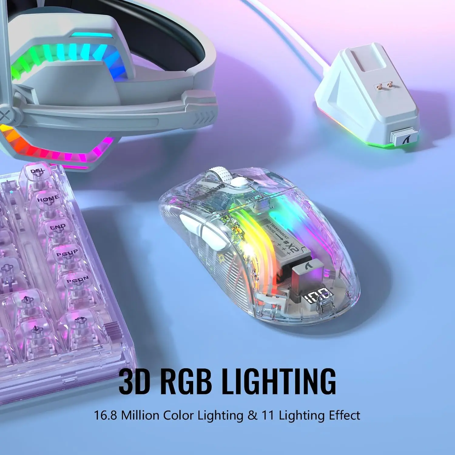Imagem -05 - Pro Tri-mode Gaming Mouse com Rgb Dock de Carregamento Shell Transparente Pixart 3212 até 4000 Dpi Rgb Backlit Attack-x2