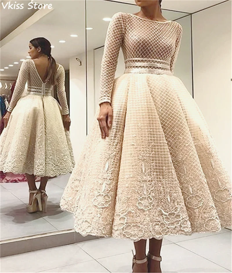 Elegant Bige Color Lace Flower Evening Dresses Full Sleeves V-Back Tea-length A-line 2023 Illusion Wedding Prom Gown For Women