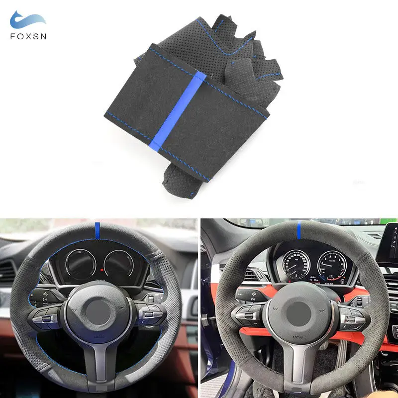 Black Suede Leather Blue Line&Strip Steering Wheel Cover For BMW M Sport F30 F31 F34 F45 F46 F22 F23 M235i M240i X1 F48 X2 F39