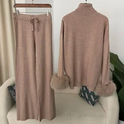 Long Pants Set Jacket Thick Warm Natural Real Fox Fur Cuffs Coat 2024 New Fashion Autumn Winter Knitted Sweater Women