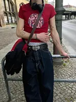 Hong Kong-style Denim Belt with Cross Carving & Rivets Niche Subculture Style Versatile Street Waistband for Casual Daily Outfit 5