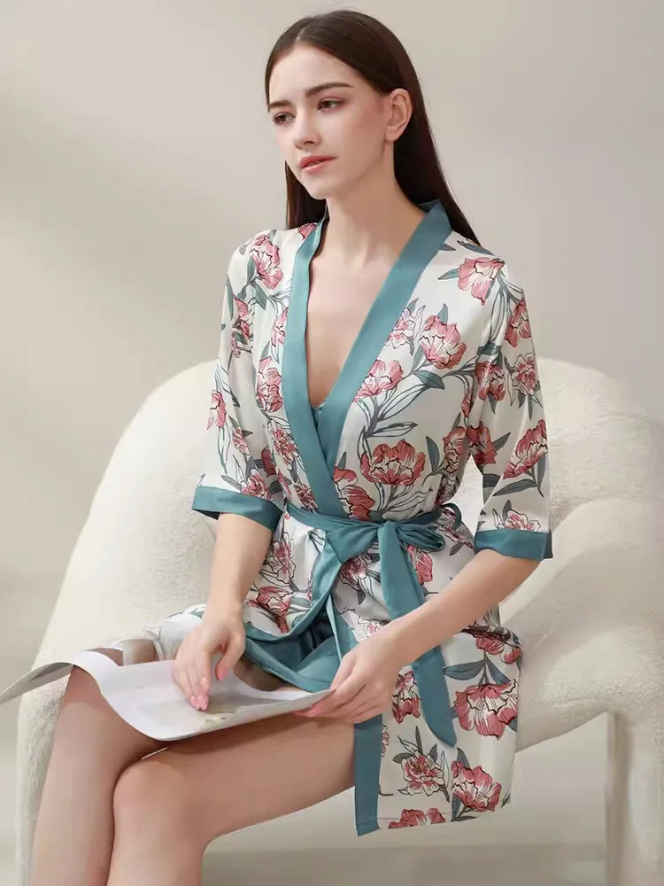 

100% Silk Women's Print Twinset Robe Suit Loungewear Sexy Chemise Nightgown Pajamas Kimono Bathrobe Gown Two-Piece Set Sleepwear