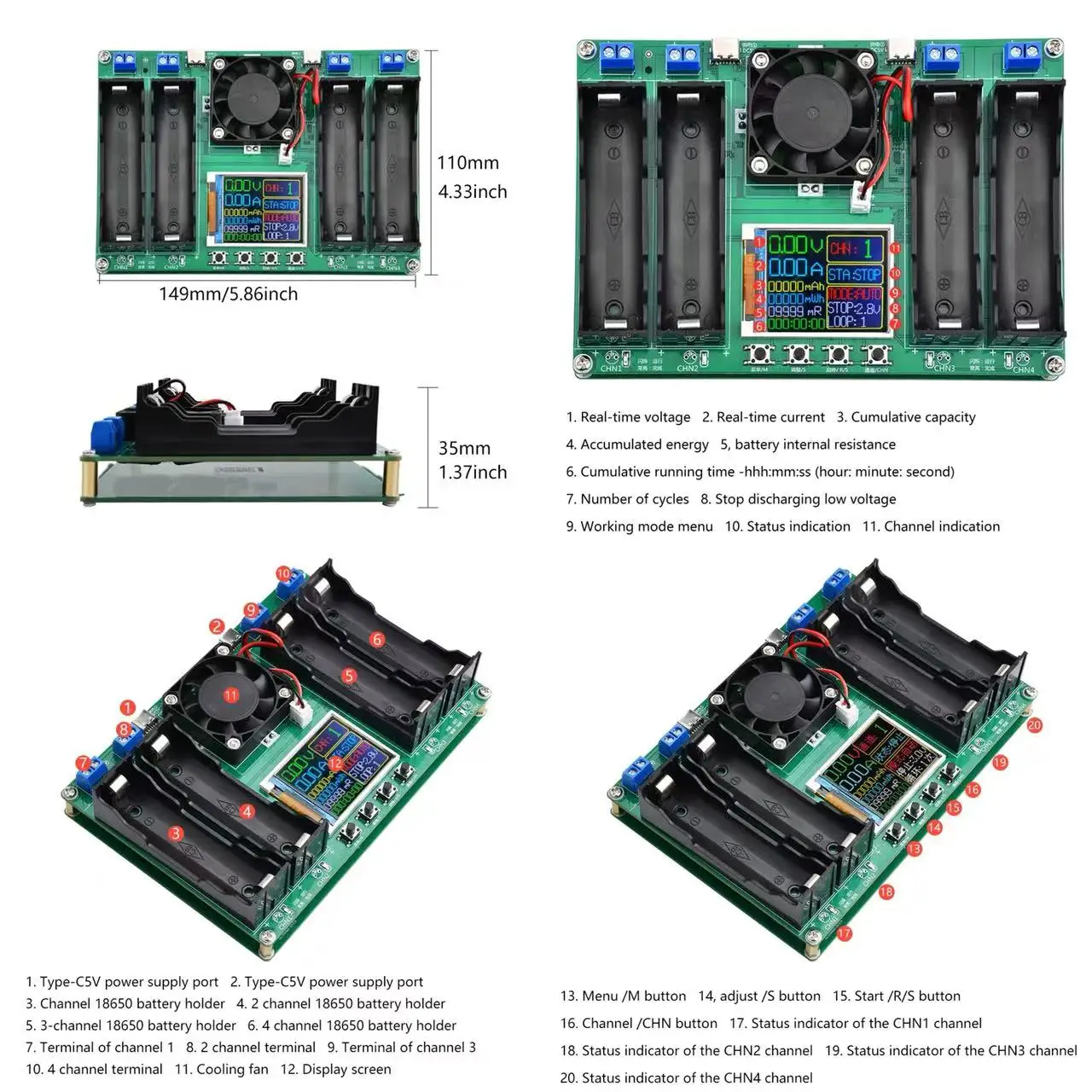 18650 akumulator litowo-jonowy Tester pojemności automatyczny Tester rezystancji wewnętrzny MAh MWh cyfrowy akumulator moc moduł czujnikowy 2/4