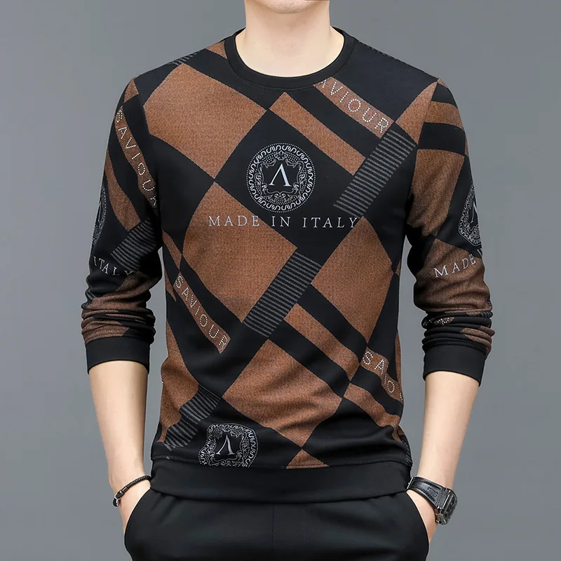 

Spring and Autumn Men's Pullover Round Neck Letter Print Contrast Rhinestone Hoodies T-shirt Long Sleeve Fashion Casual Tops