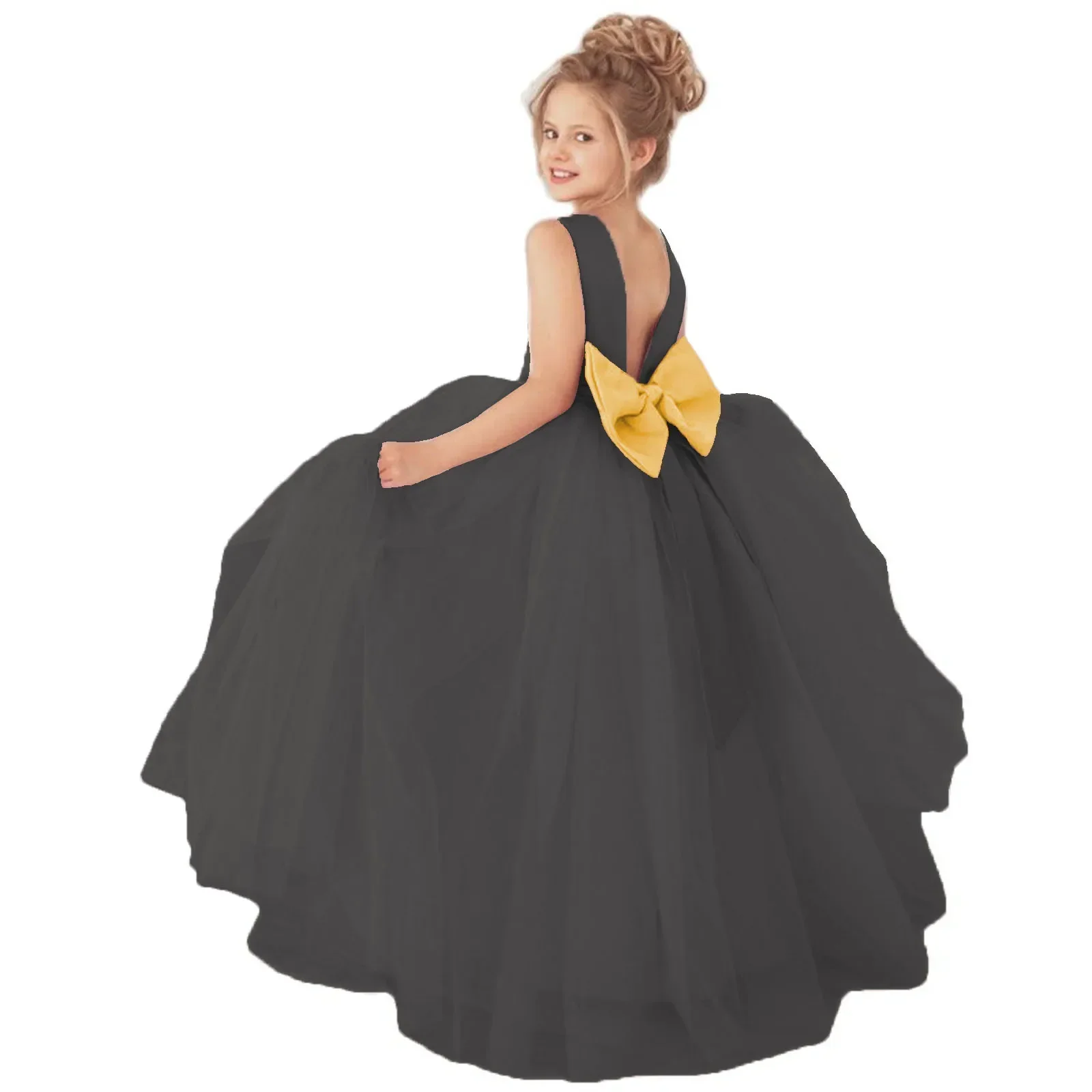 Schwarze Blumenmädchenkleider für die Hochzeit mit Schleife, offener Rücken, Perlenbund, Prinzessin-Festzug-Kleid für Kinder, einfache Erstkommunion-Kleider