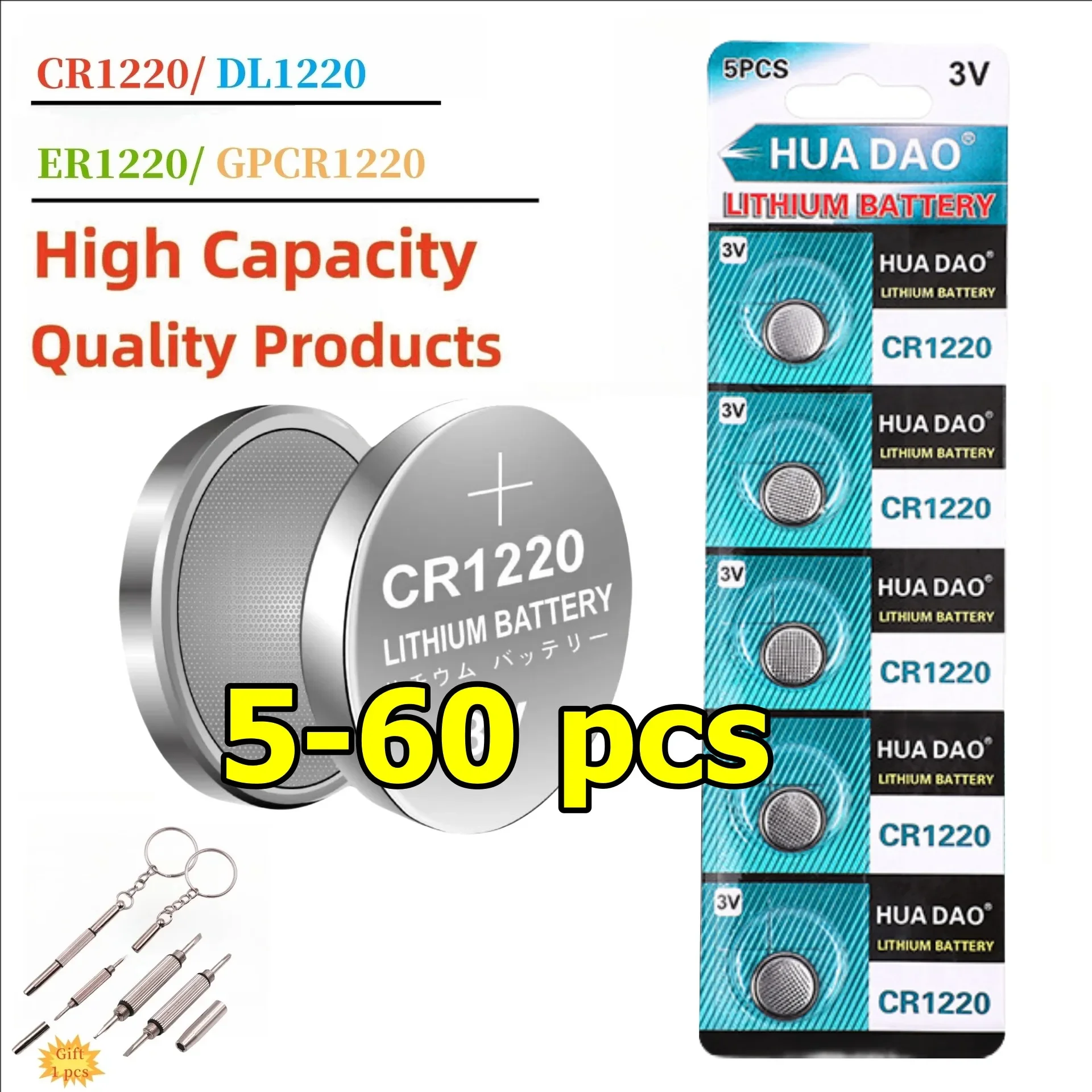 Batería de litio de alta calidad para llave de coche, 5-60 piezas, CR1220, 3V, cr 1220, ECR1220, GP, CR1220, 5012LC