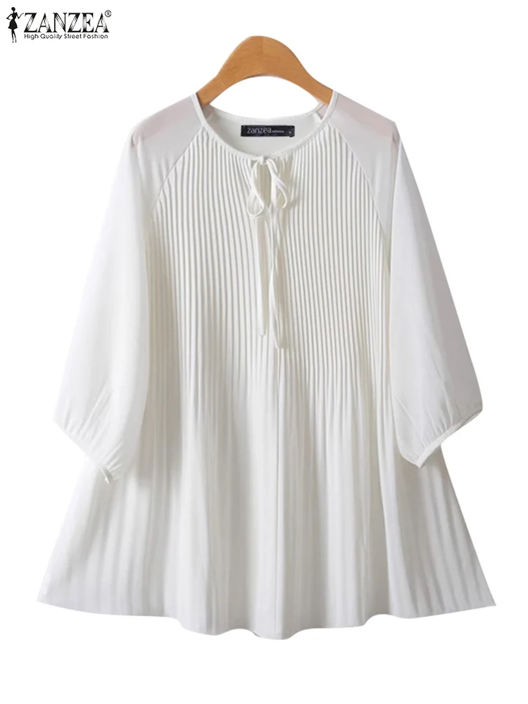 ZANZEA Korean Bandage Round Neck Tops Women Summer Pleated Blouse Shirt Fashion Solid 3/4 Sleeve Tunic Office Loose Female Tunic